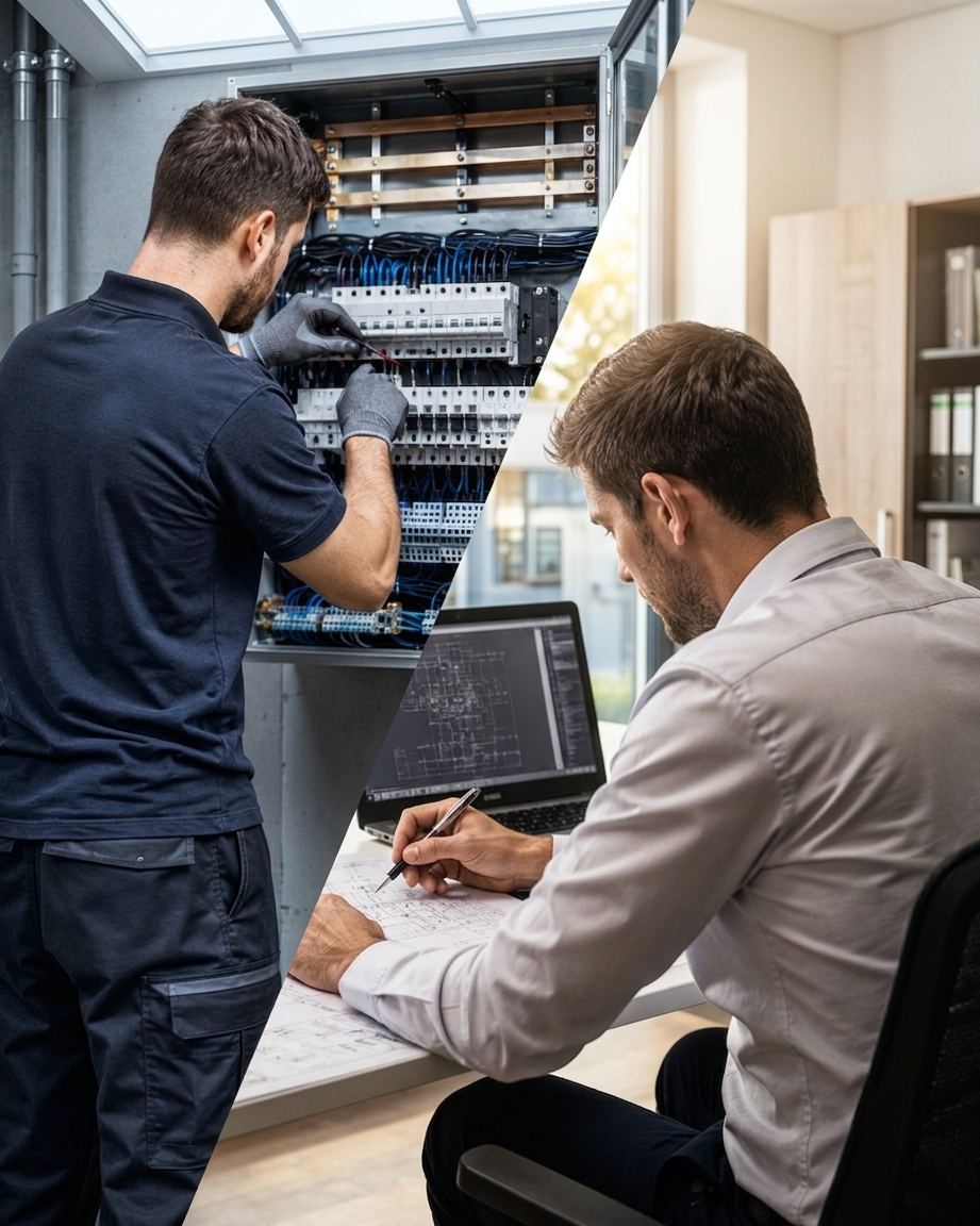 Tecnici Canazza al lavoro su quadro elettrico e progettazione